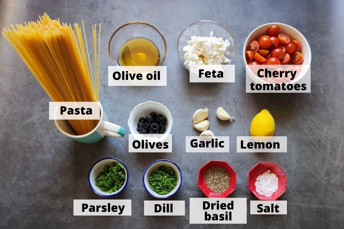 Ingredients for vegetarian Greek spaghetti
