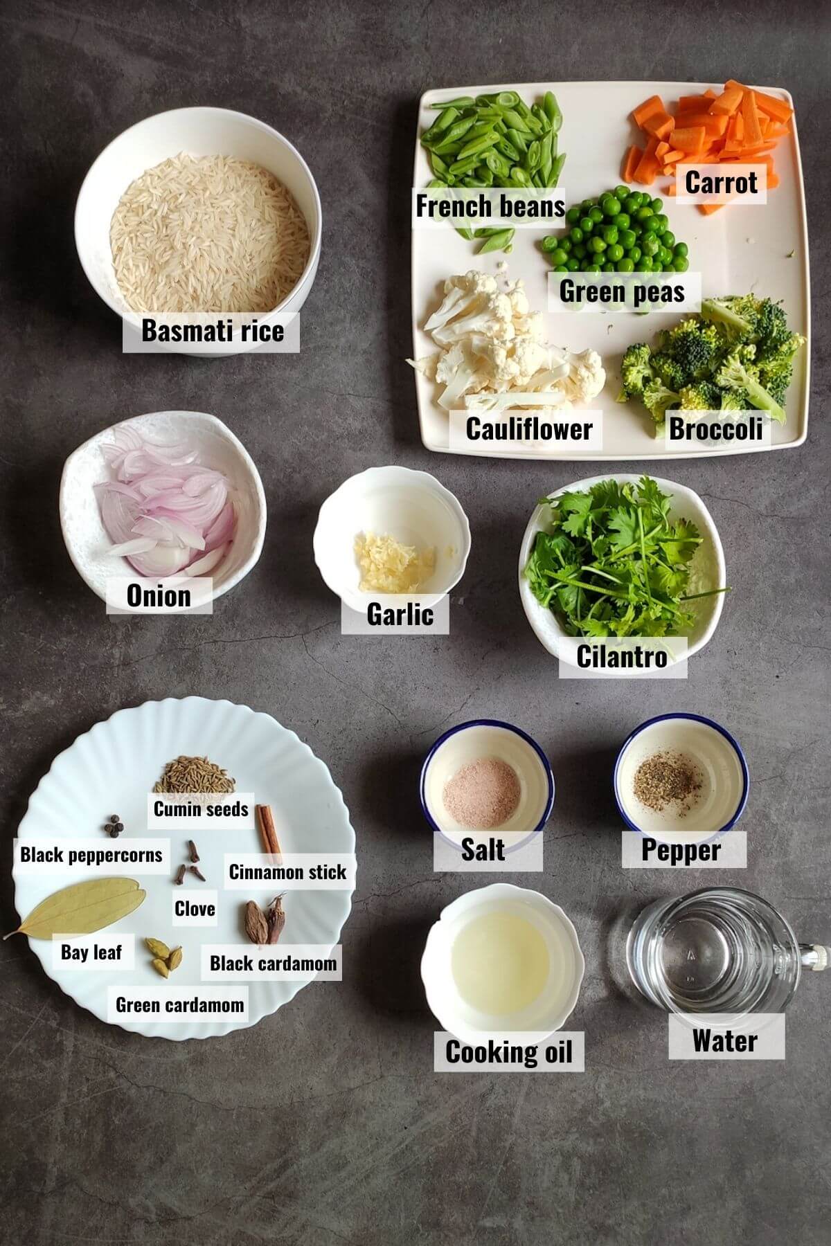 Ingredients required to make vegetable rice
