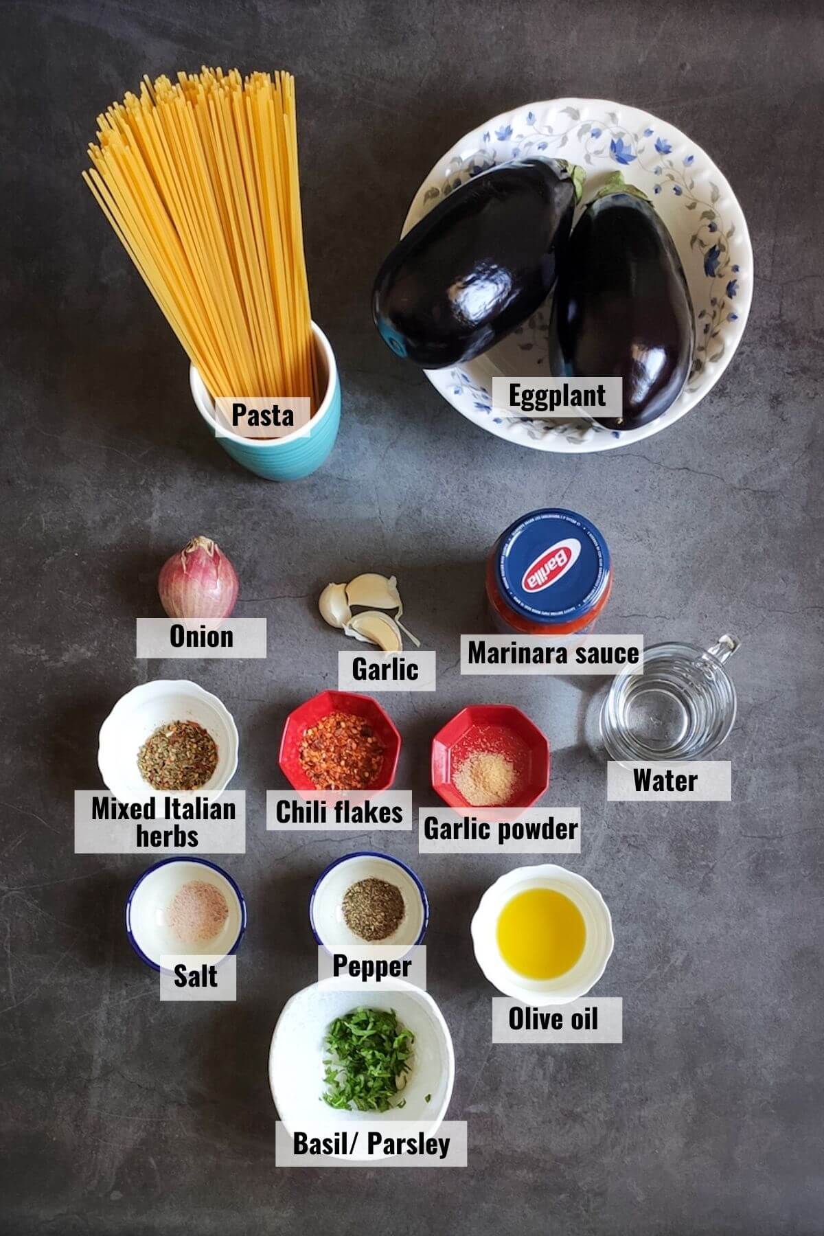 Ingredients required to make roasted eggplant pasta