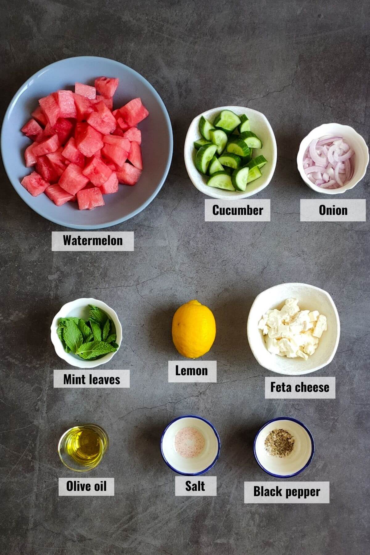 Ingredients for watermelon salad with feta