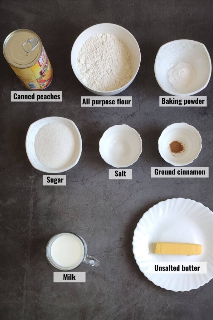 Ingredients required to make easy peach cobbler