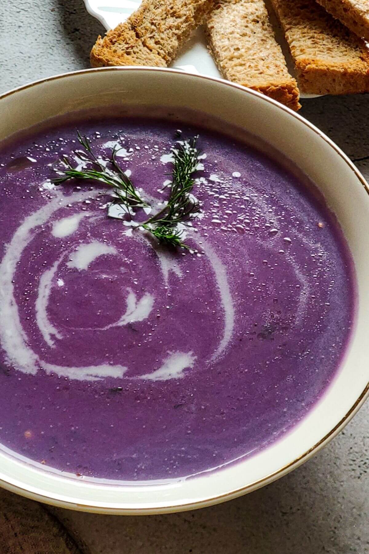 Red cabbage soup served in a bowl with bread sticks in the background