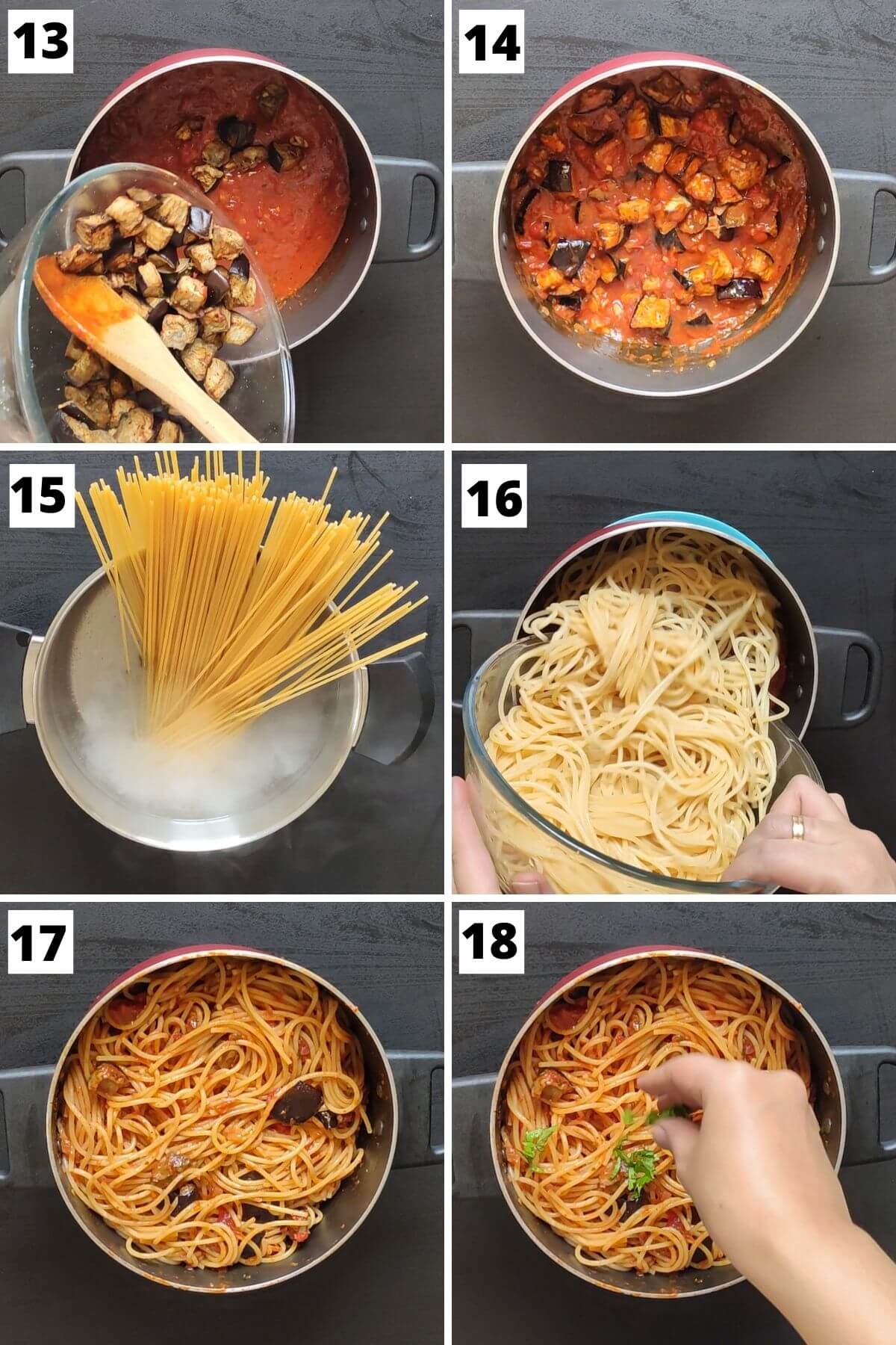 Collage of steps 13 to 18 of aubergine pasta recipe.