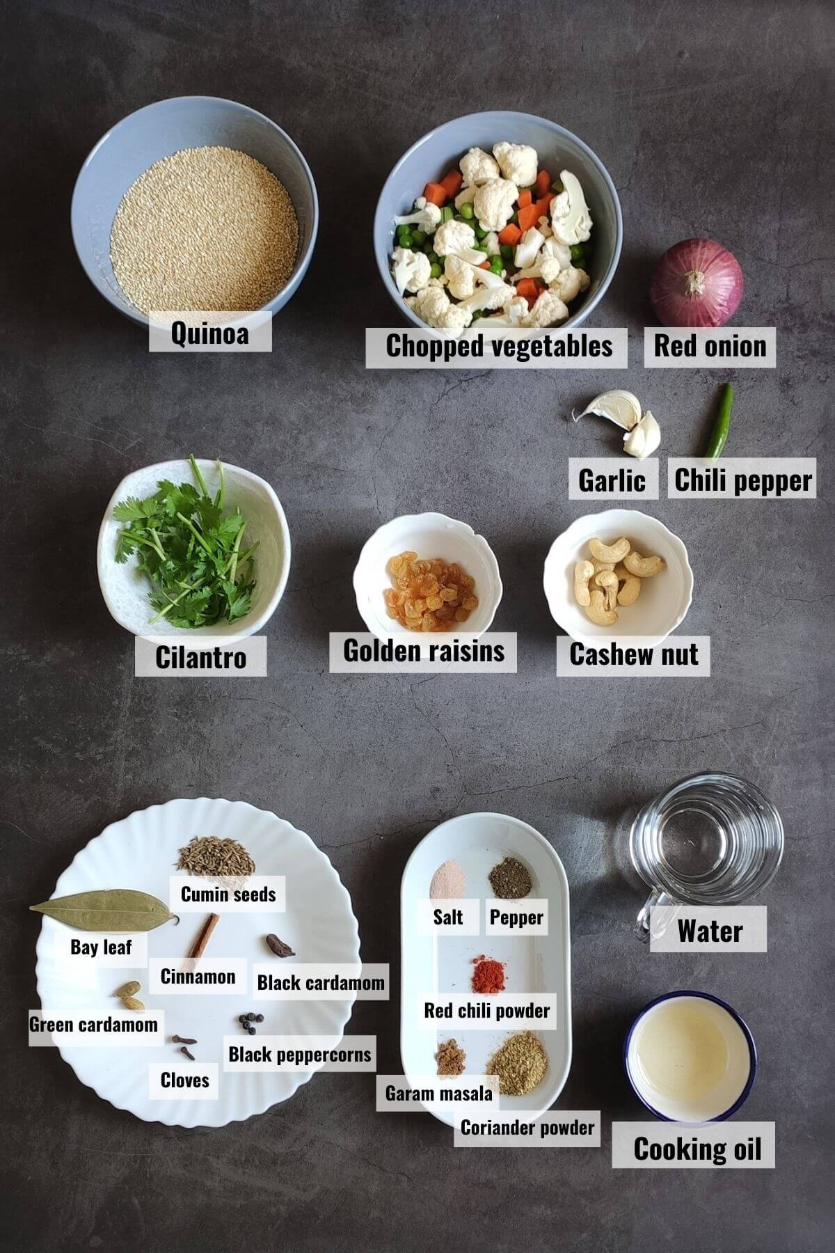 Ingredients required to make vegetable quinoa pulao