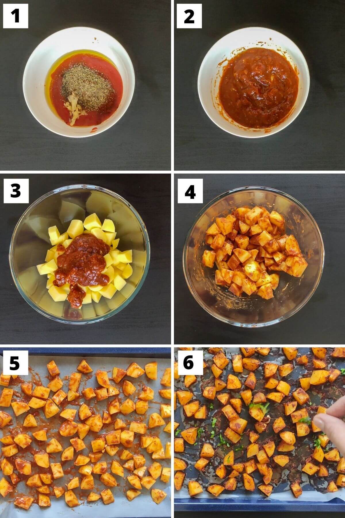 Collage of images of steps 1 to 6 of Spanish potatoes recipe.