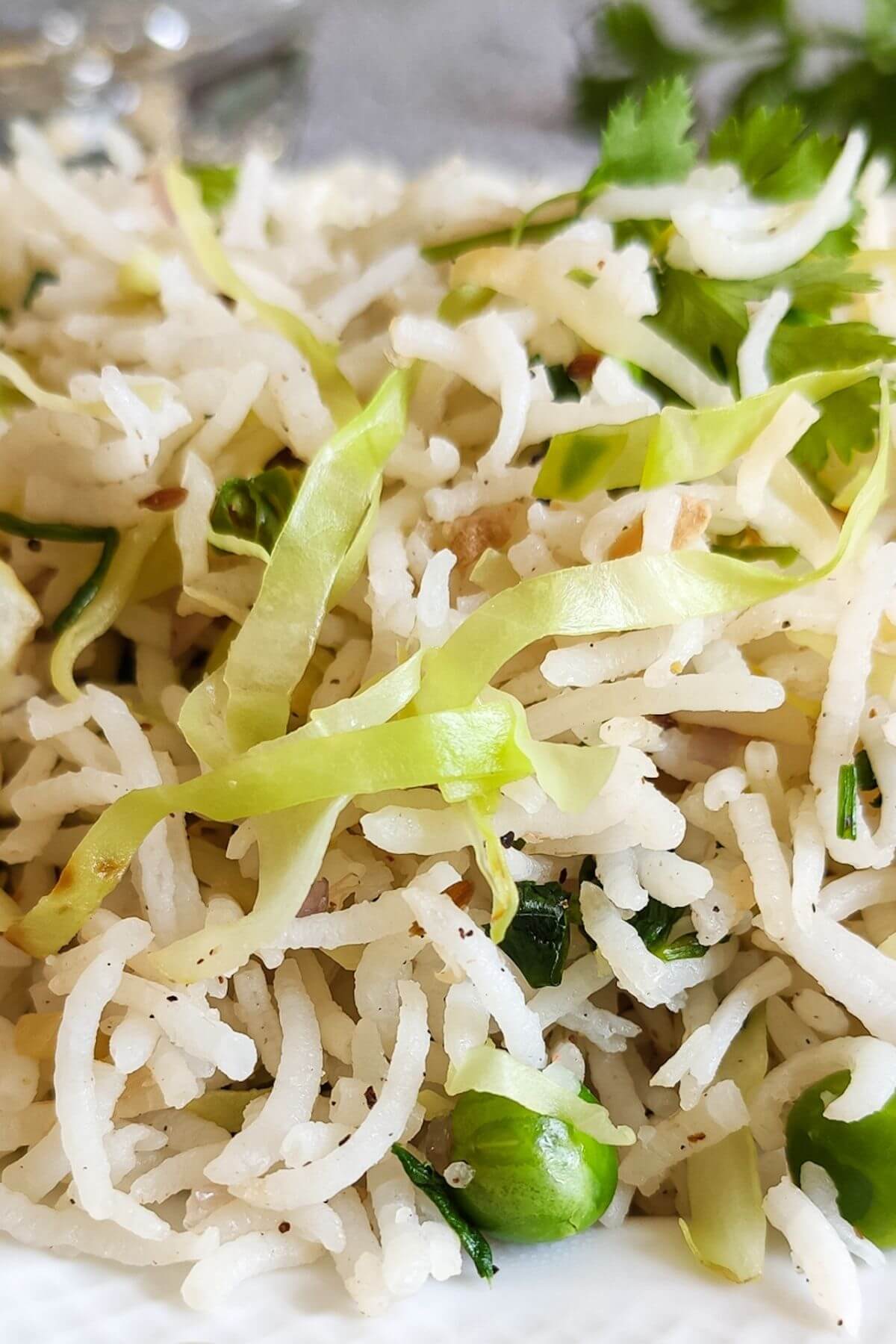 Cabbage rice with green peas close up shot
