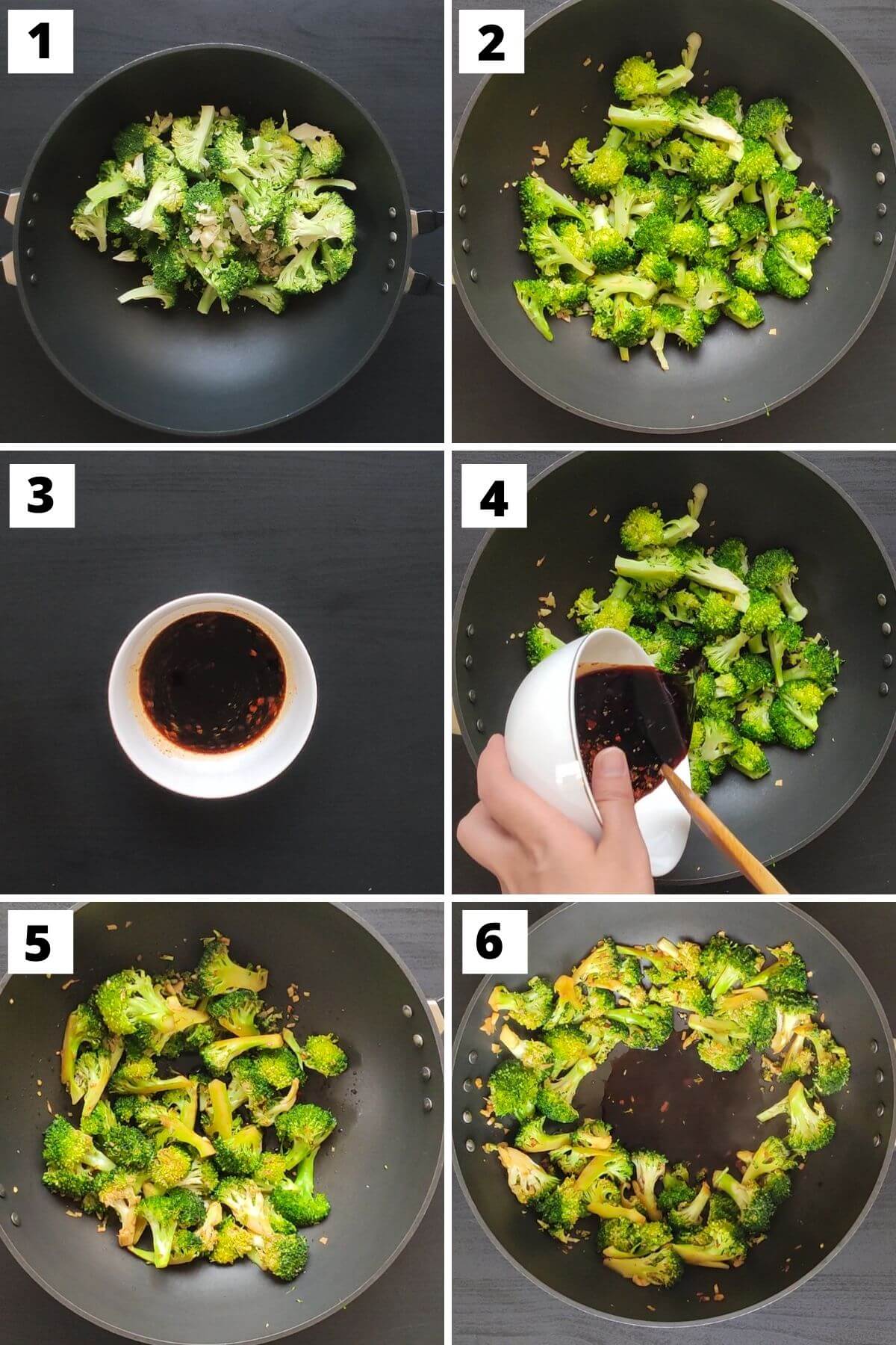Steps 1 to 6 for making Asian style garlic broccoli