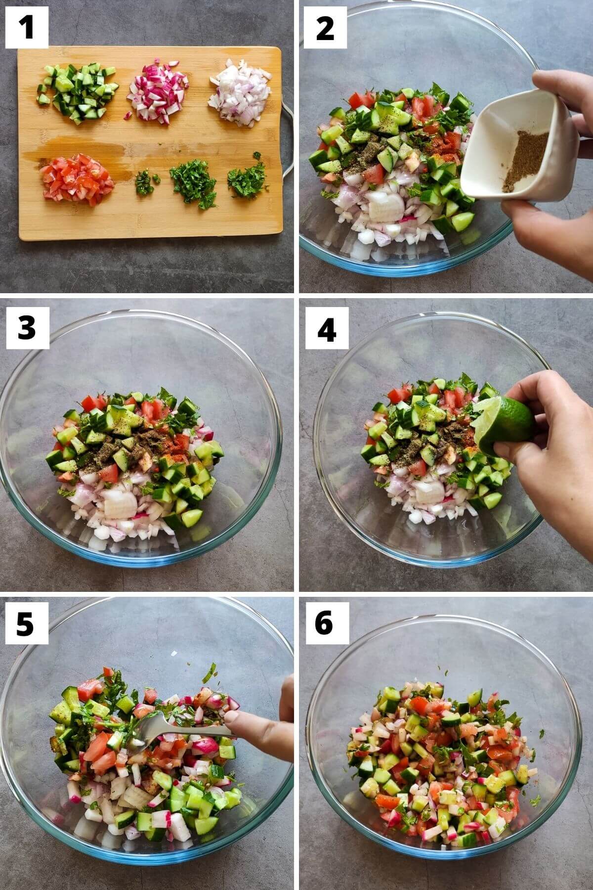 Steps 1 to 6 to make Kachumber salad