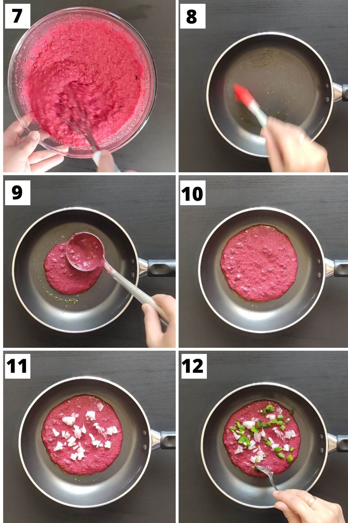 Steps 7 to 12 for making beetroot chilla