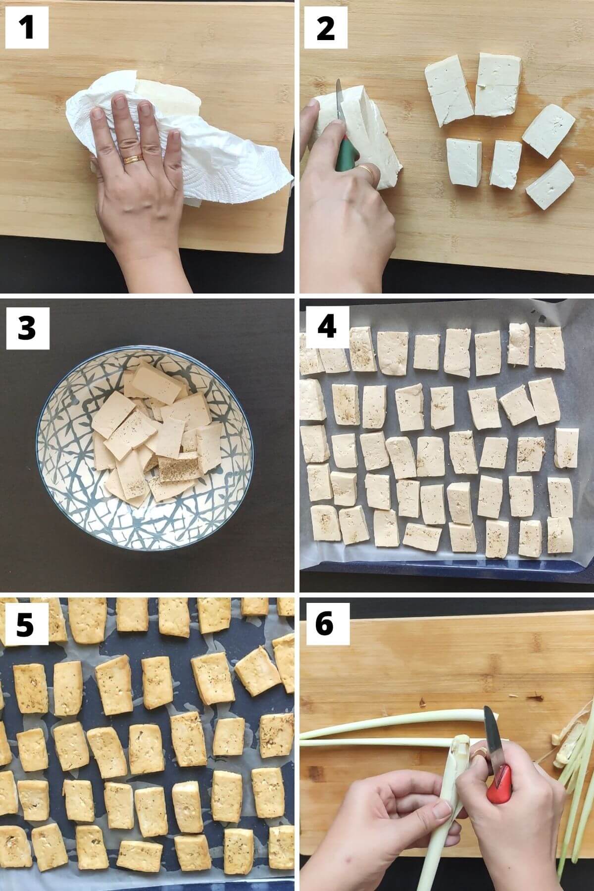 Steps 1 to 6 to make lemongrass chili tofu.