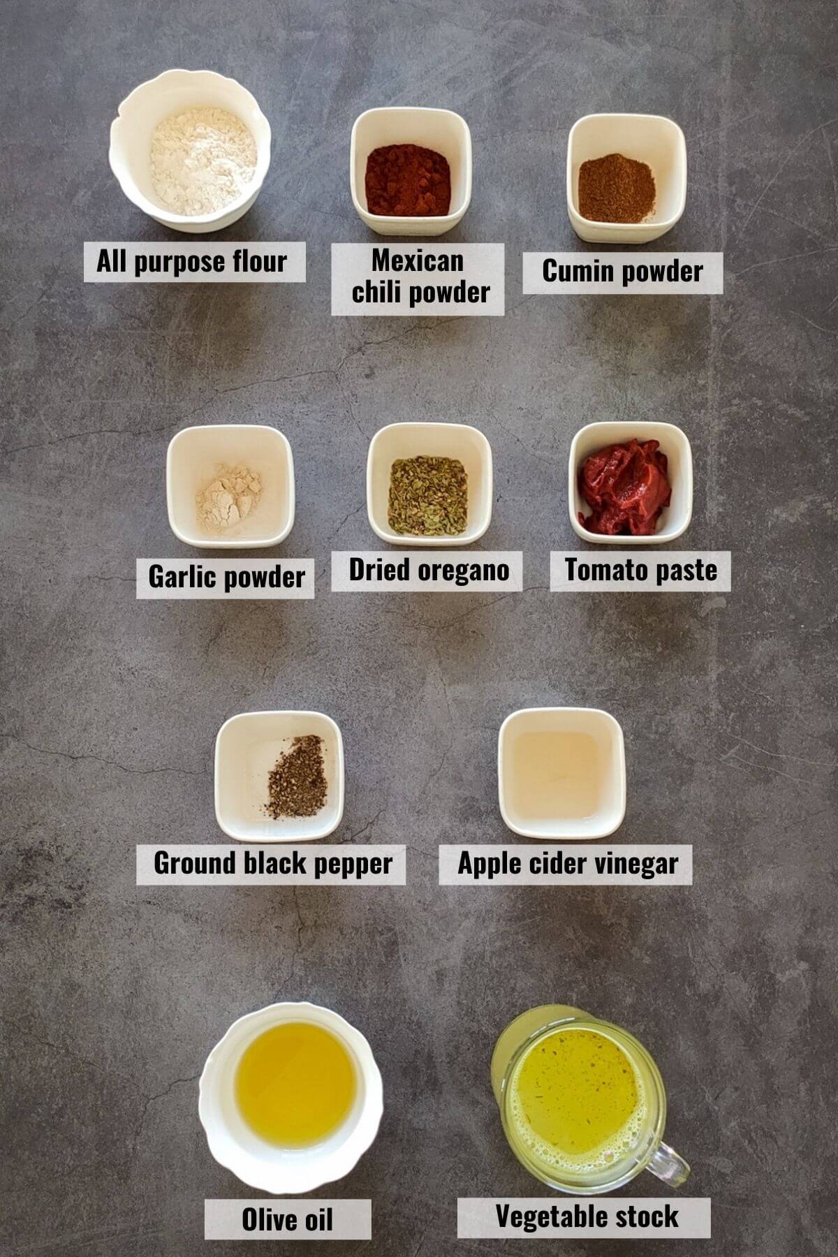 ingredients for enchilada sauce labeled.