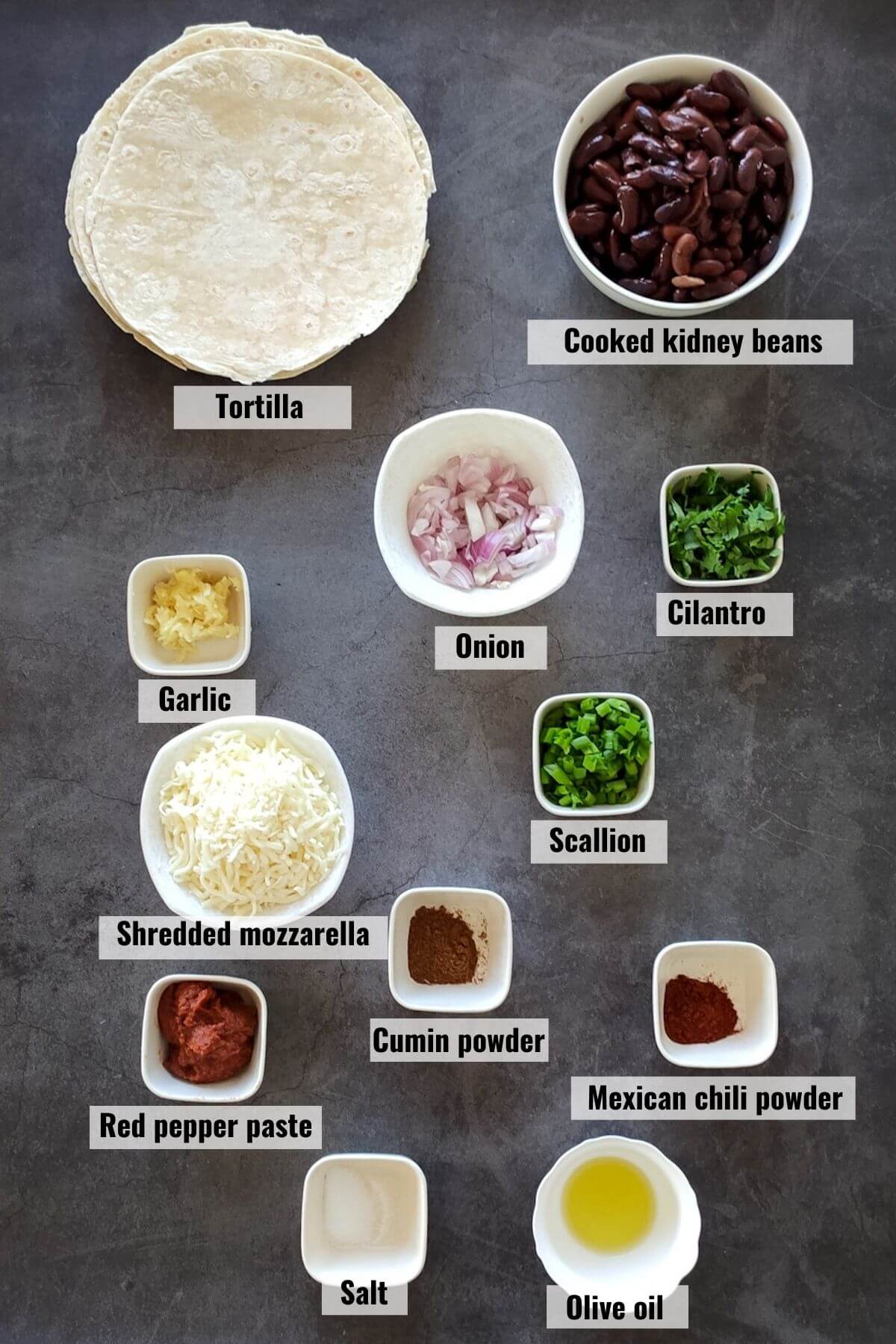 Ingredients for vegetarian bean enchilada labeled.