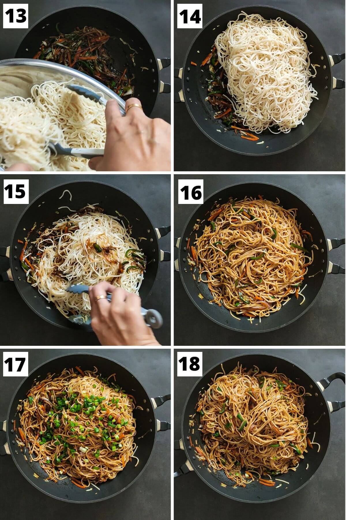 collage of images of step 13 to 18 of veg chow mein recipe.