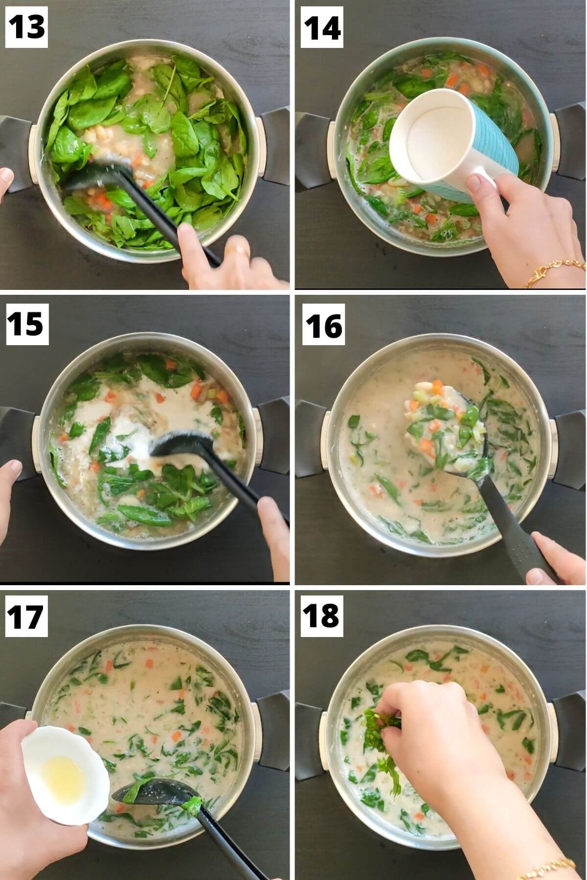 Collage of steps 13 to 18 of cannellini bean soup recipe