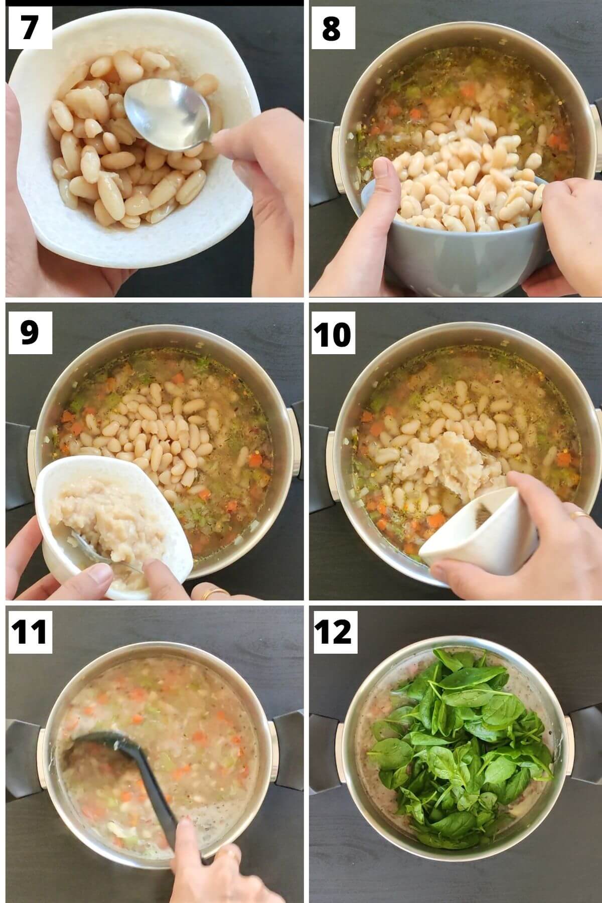 Collage of steps 7 to 12 of cannellini bean soup recipe