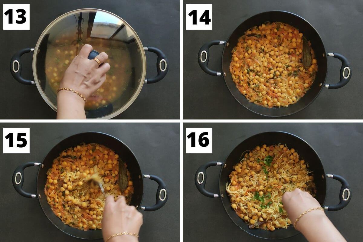 collage of images of steps 13 to 16 of chickpea rice recipe.