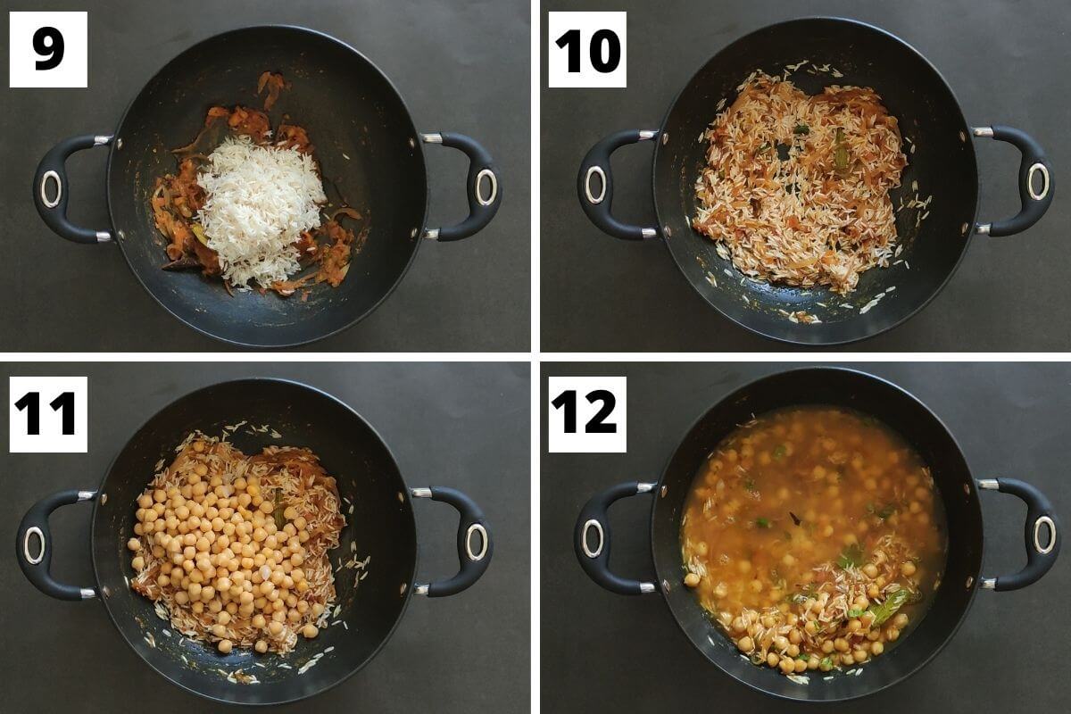 collage of images of steps 9 to 12 of chickpea rice recipe.