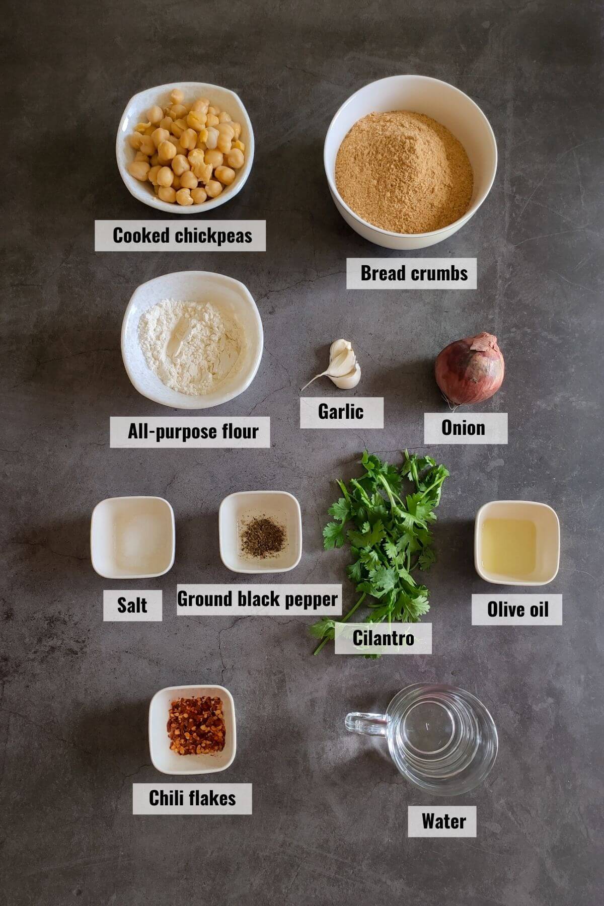 Ingredients for vegan chickpea cutlet labelled.