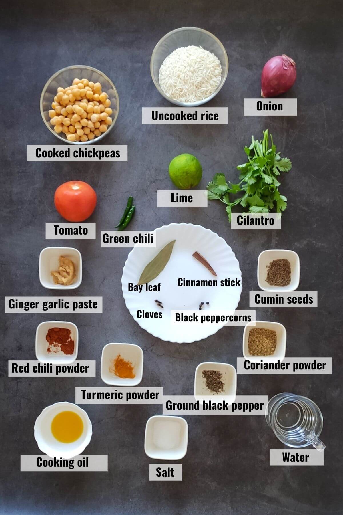 Ingredients for chickpea rice labeled.