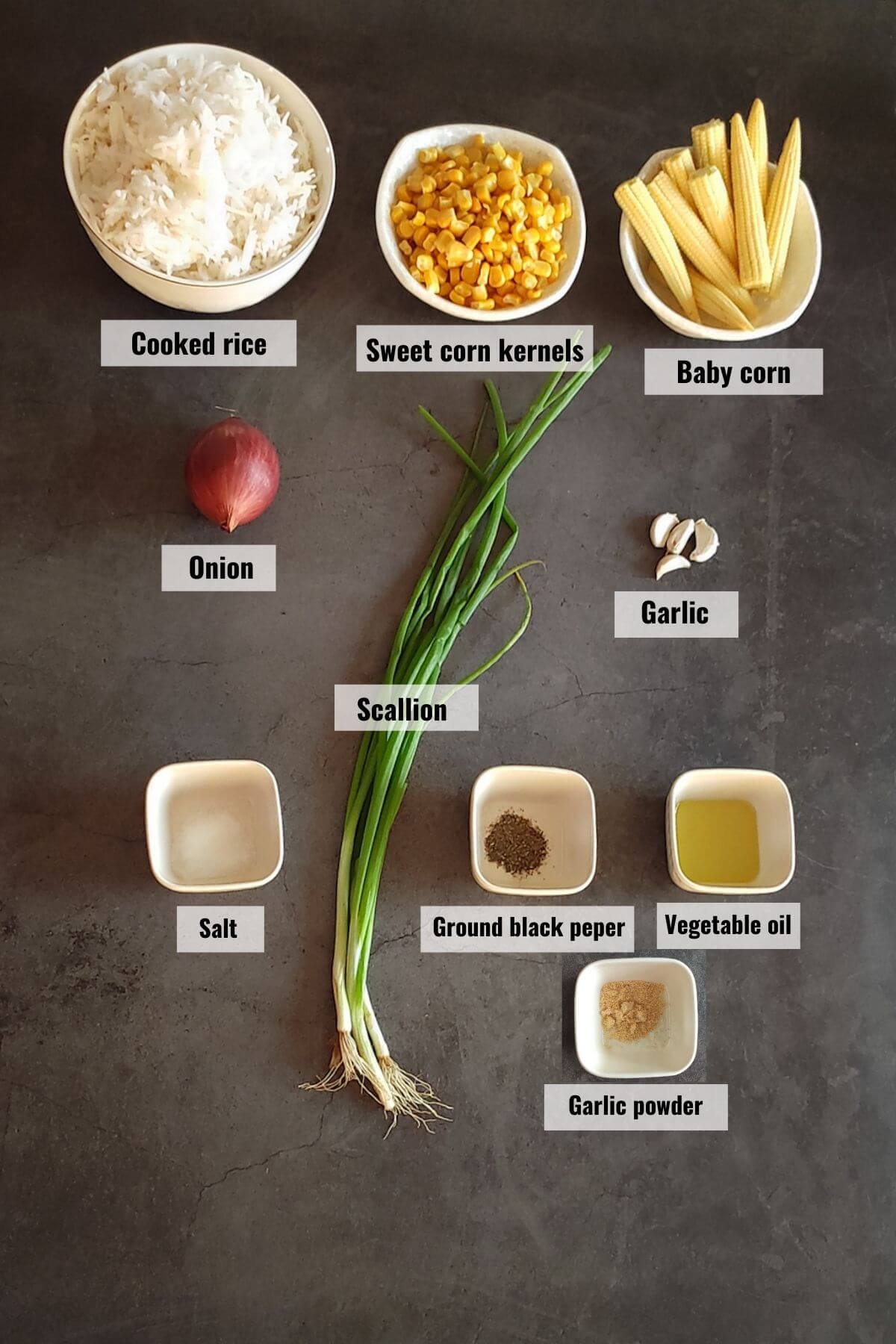 Ingredients for corn fried rice labeled.