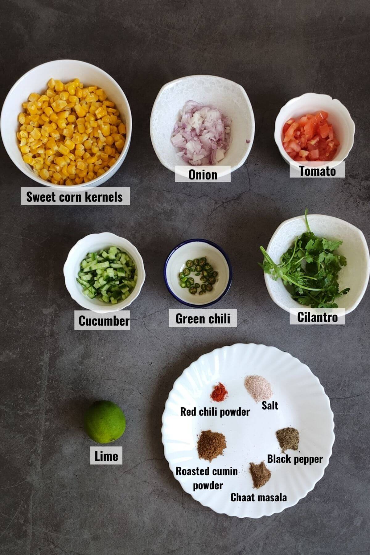 Ingredients for Indian style corn salad labelled.