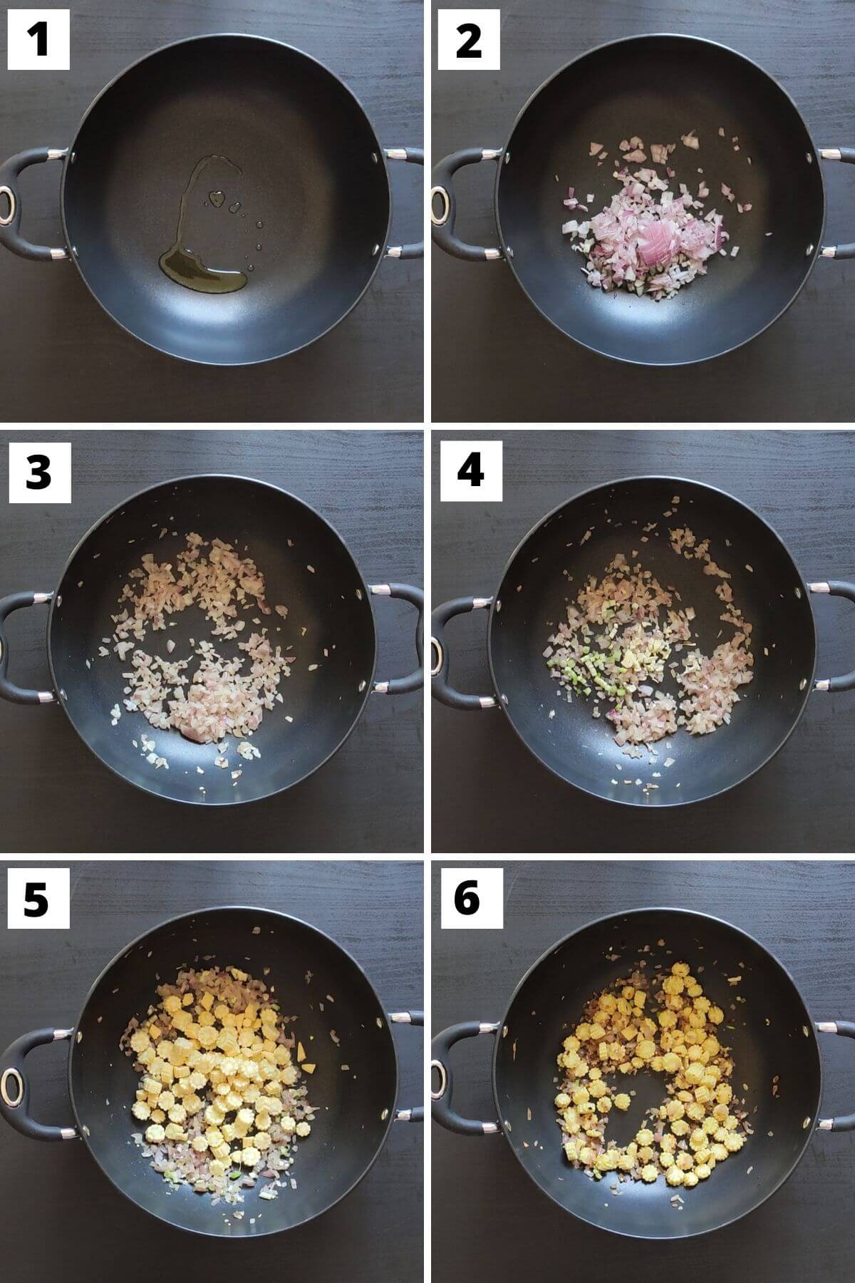 collage of steps 1 to 6 of making corn fried rice.