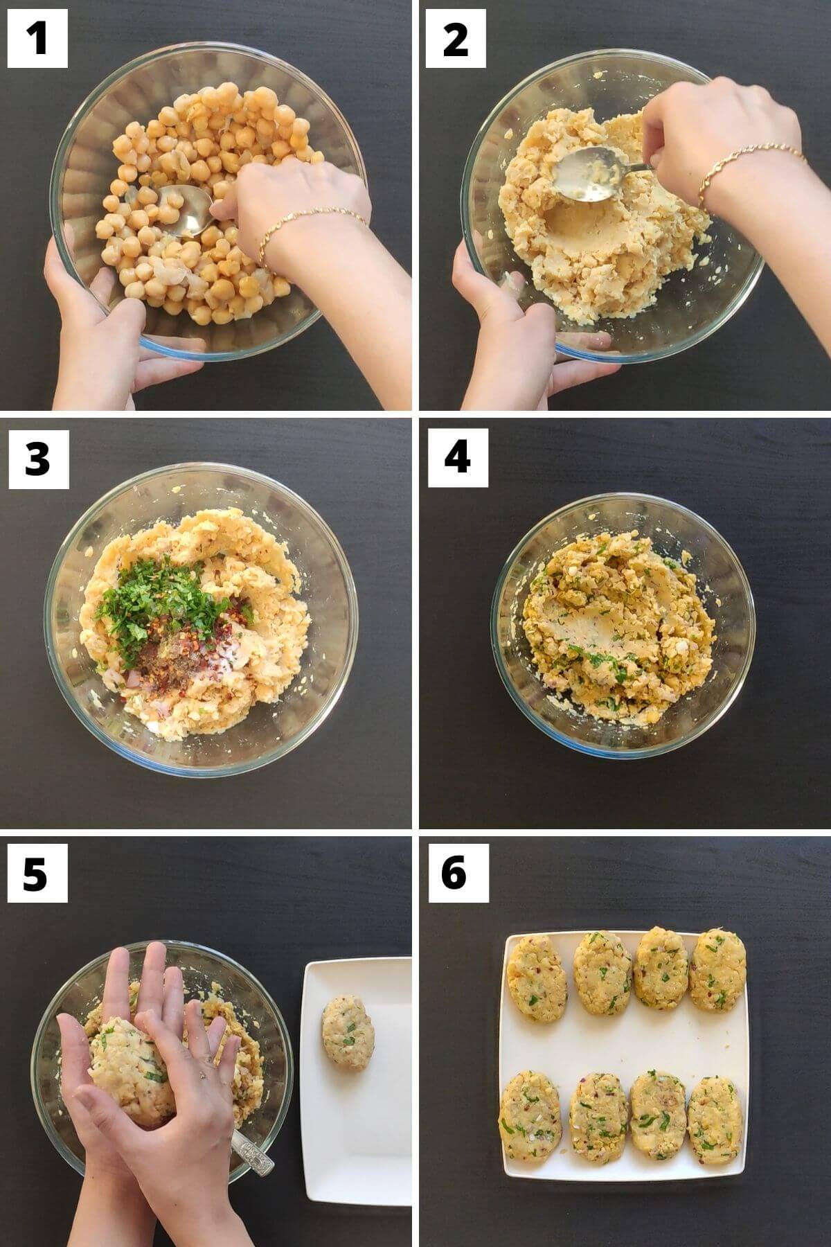 collage of steps 1 to 6 of chickpea cutlet recipe.