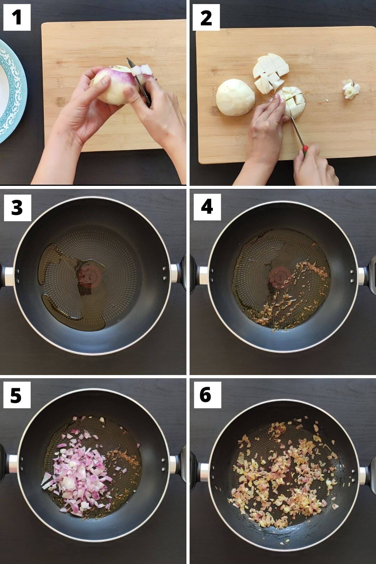 collage of images of steps 1 to 6 of turnip curry recipe.