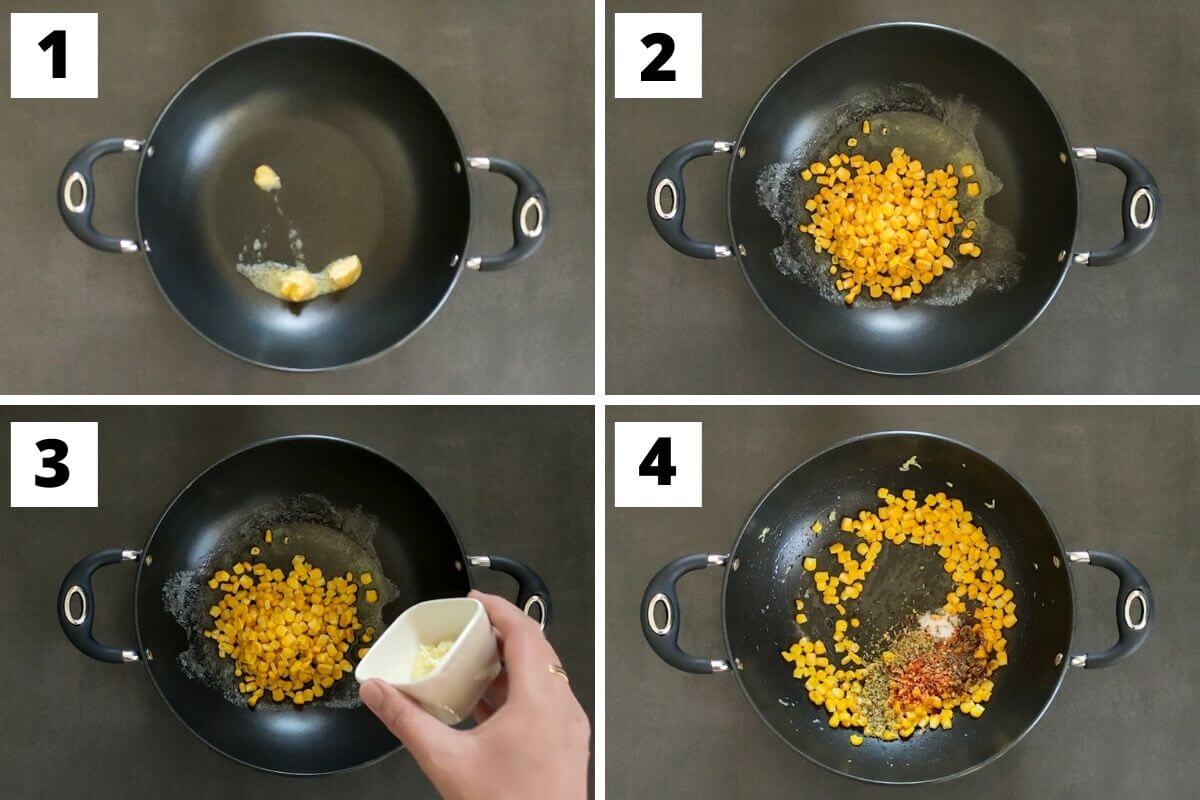 collage of step 1 to 4 to make cheese corn sandwich with spinach.