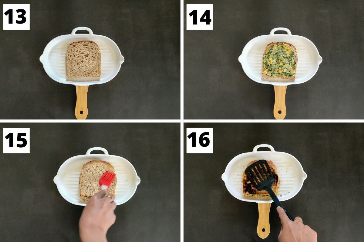 collage of steps 13 to 16 to make cheese corn sandwich with spinach.