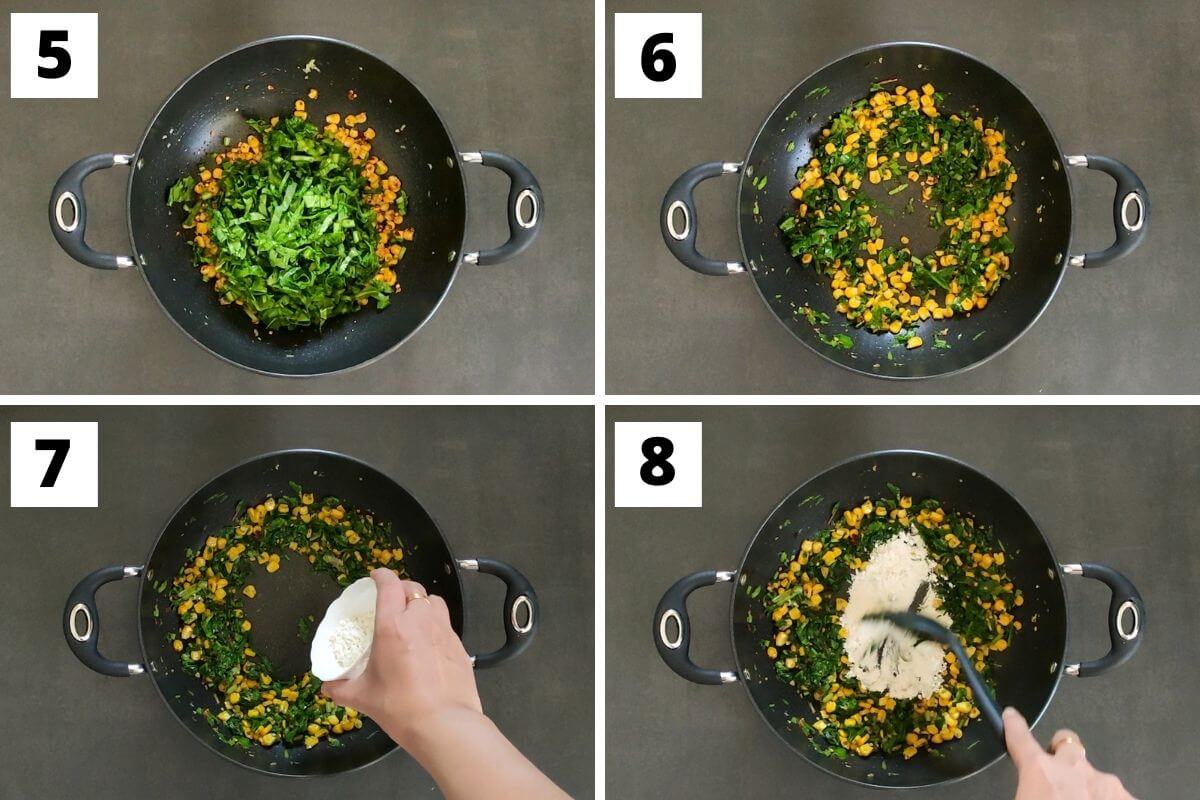 collage of steps 5 to 8 to make cheese corn sandwich with spinach.