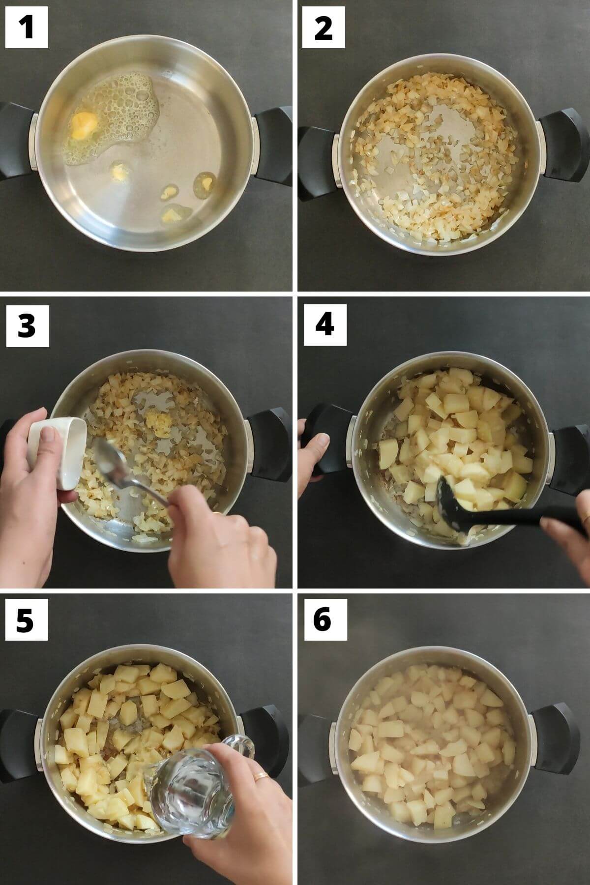 collage of steps 1 to 6 of vegetarian potato soup recipe.