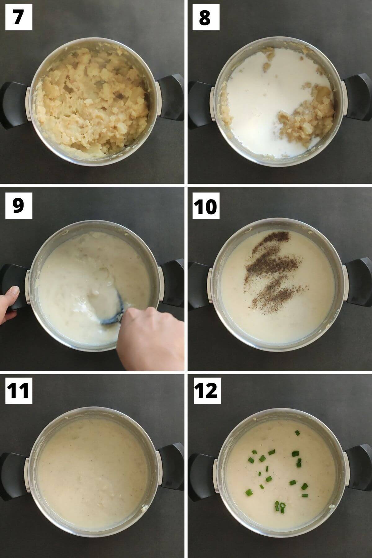 collage of steps 7 to 12 of vegetarian potato soup recipe.