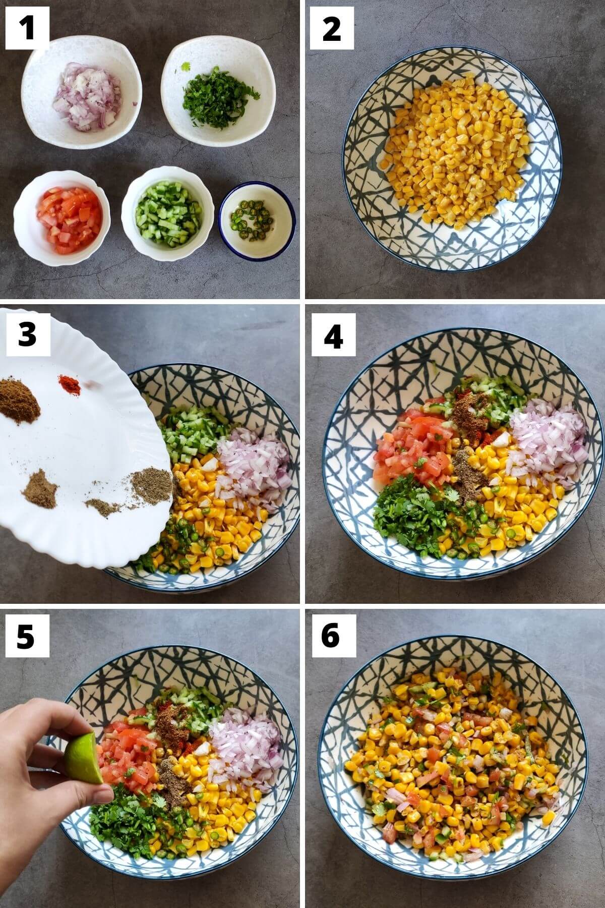 collage of steps 1 to 6 of making Indian corn salad.