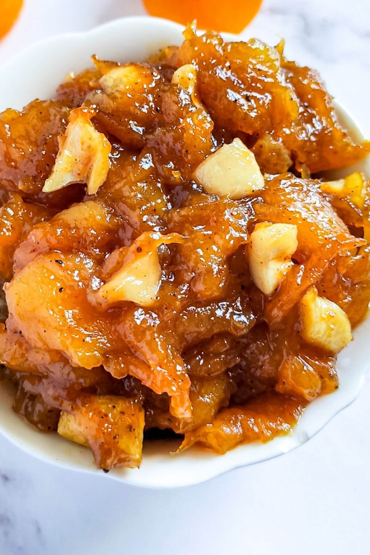 apricot ginger chutney in a white bowl.