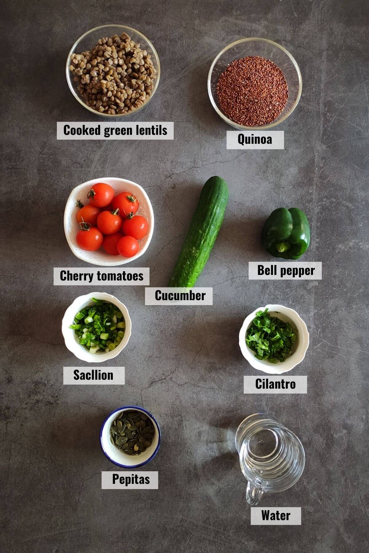 labelled ingredients for lentil quinoa salad.