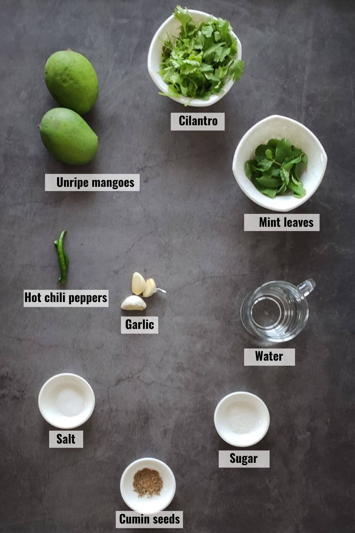 ingredients for raw mango chutney recipe labelled.