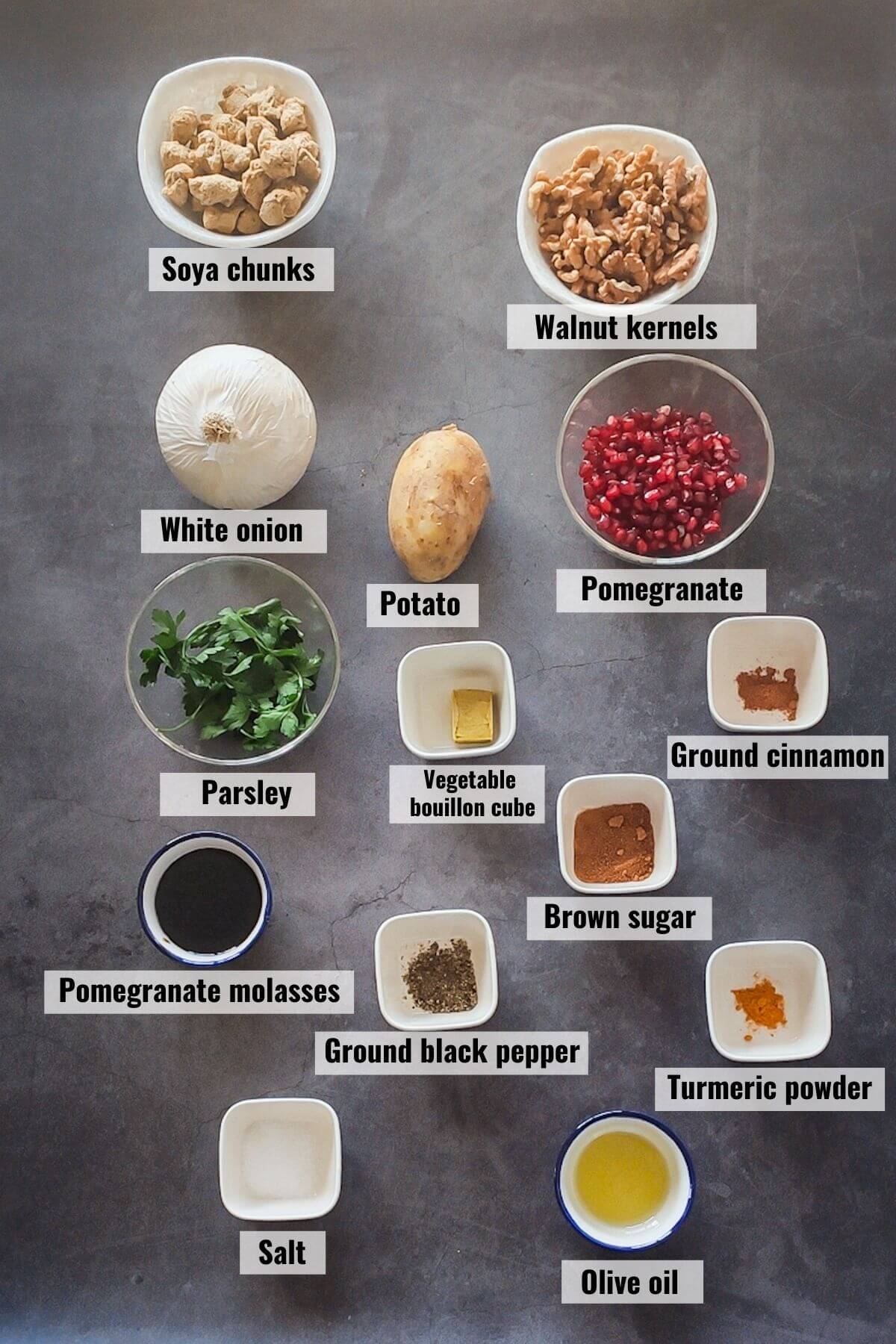 Ingredients of vegan fesenjan labelled.
