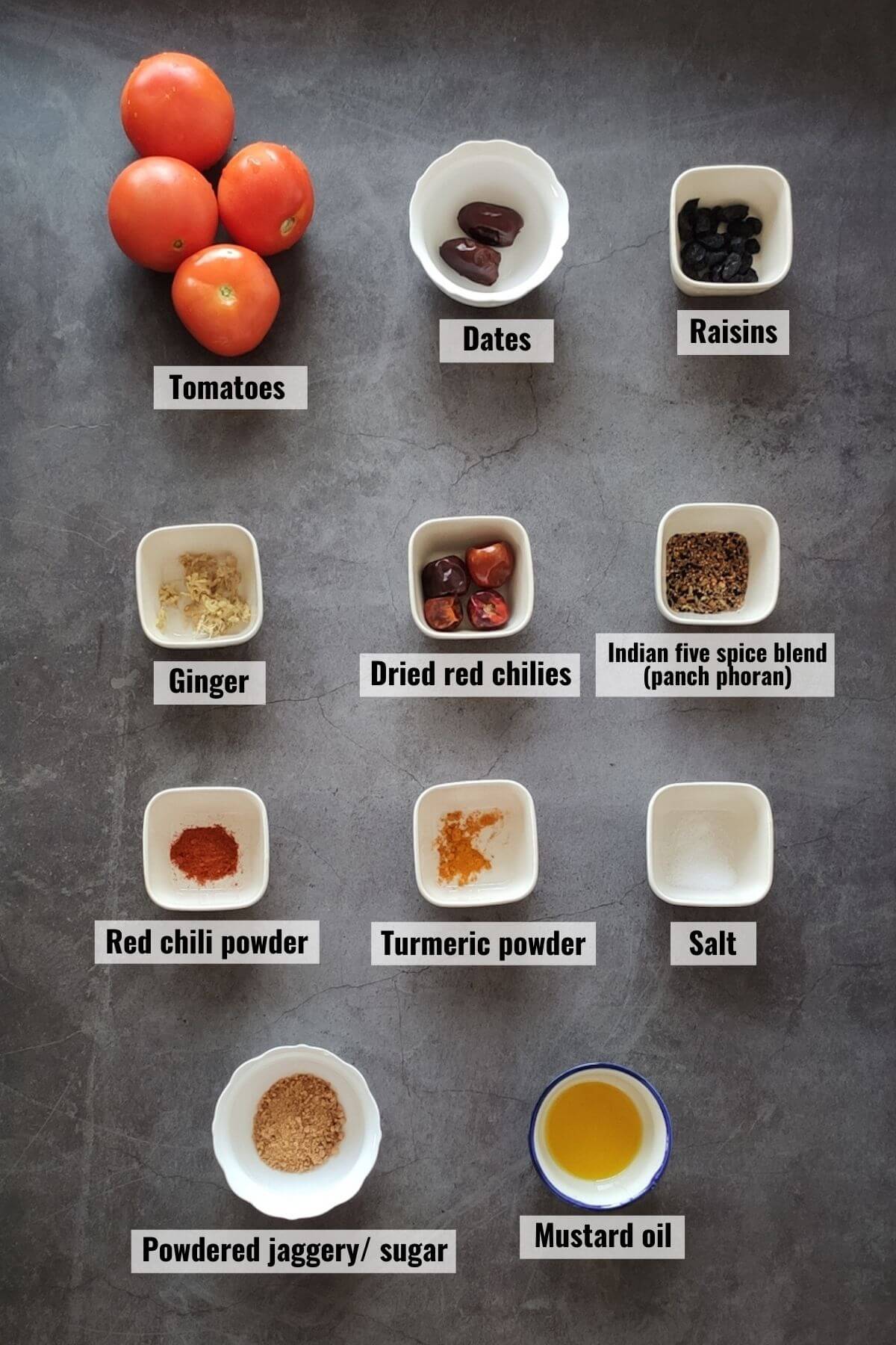 Ingredients for Bengali sweet tomato chutney labelled.