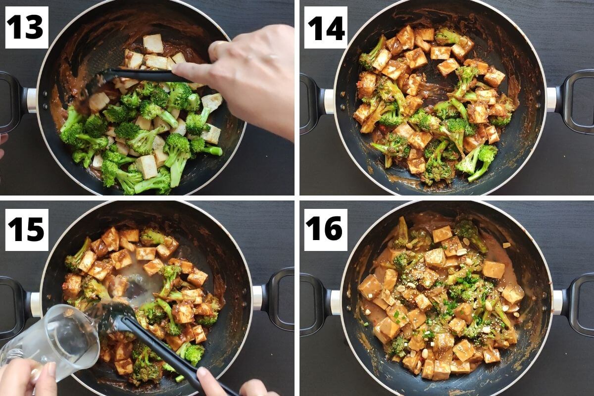 collage of images of steps 13 to 16 of stir fried tofu broccoli recipe.