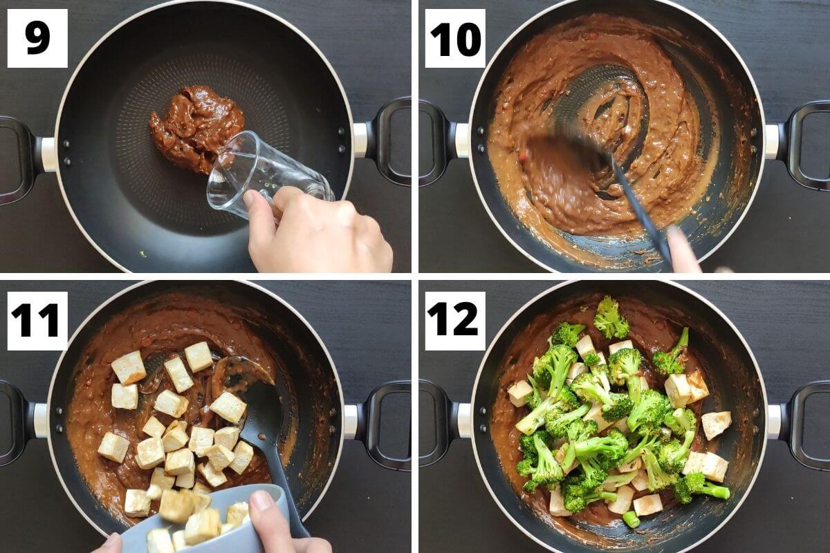 collage of images of steps 9 to 12 of stir fried tofu broccoli recipe.