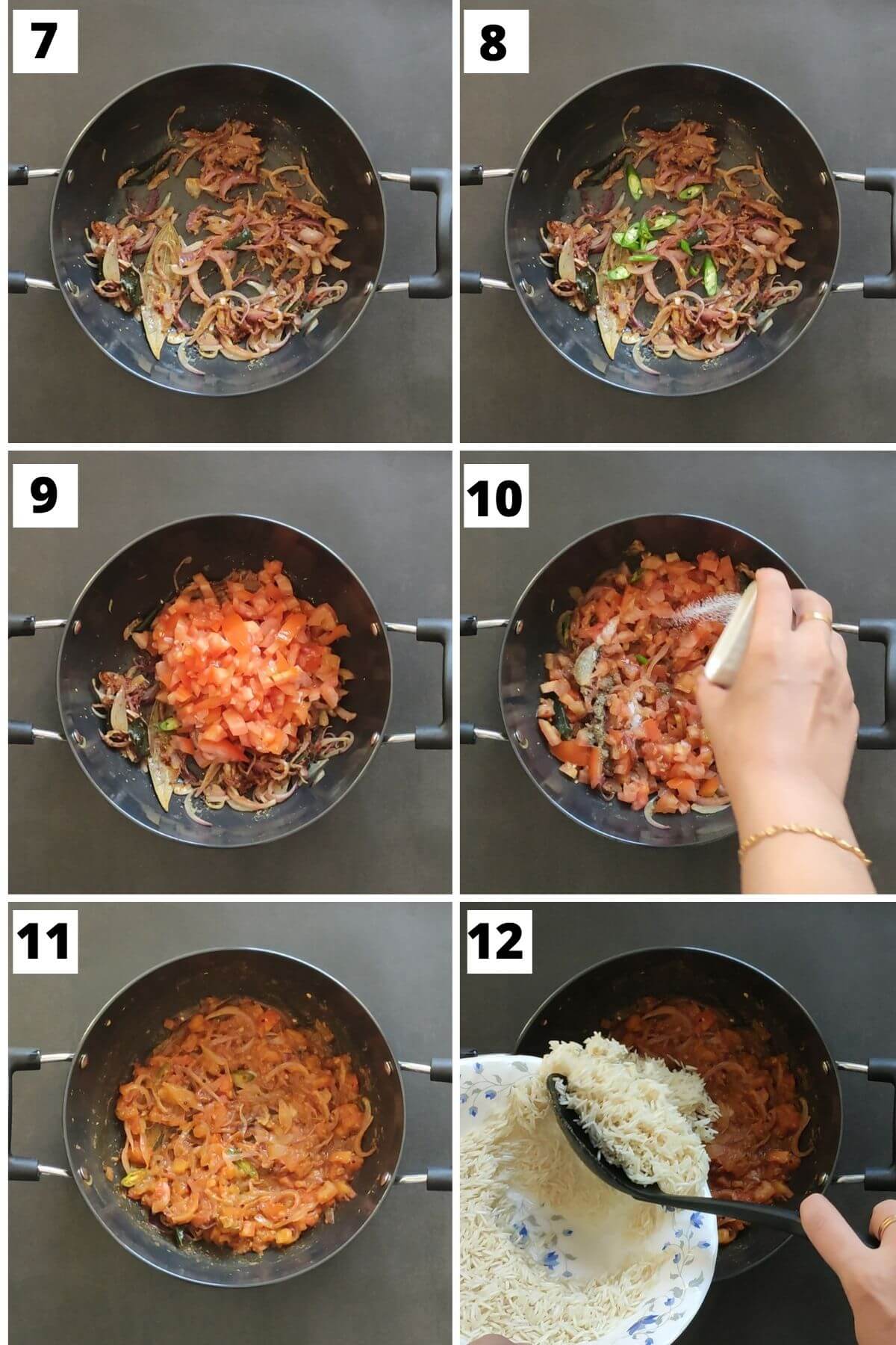collage of images 7 to 12 of Indian tomato rice recipe.
