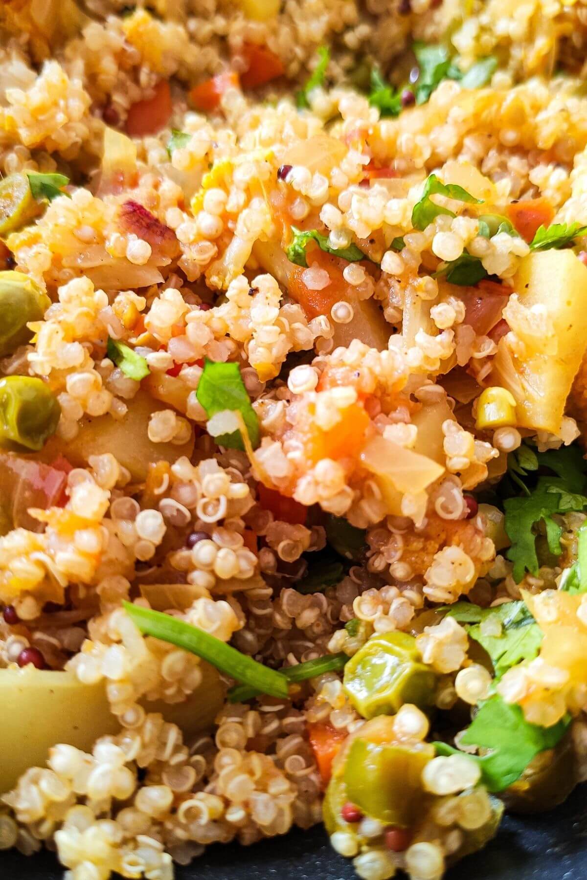 curried quinoa with vegetables garnished with cilantro.