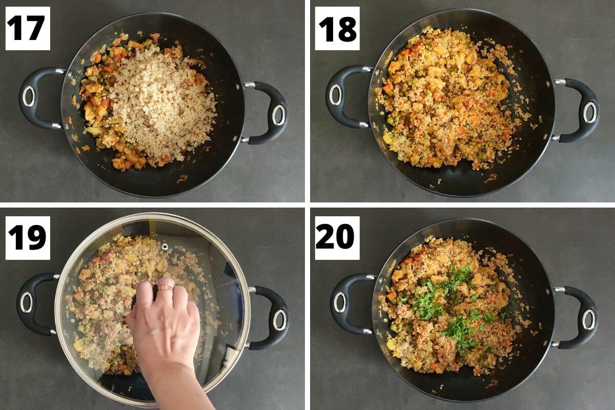 collage of images of steps 17 to 20 of curried quinoa recipe.
