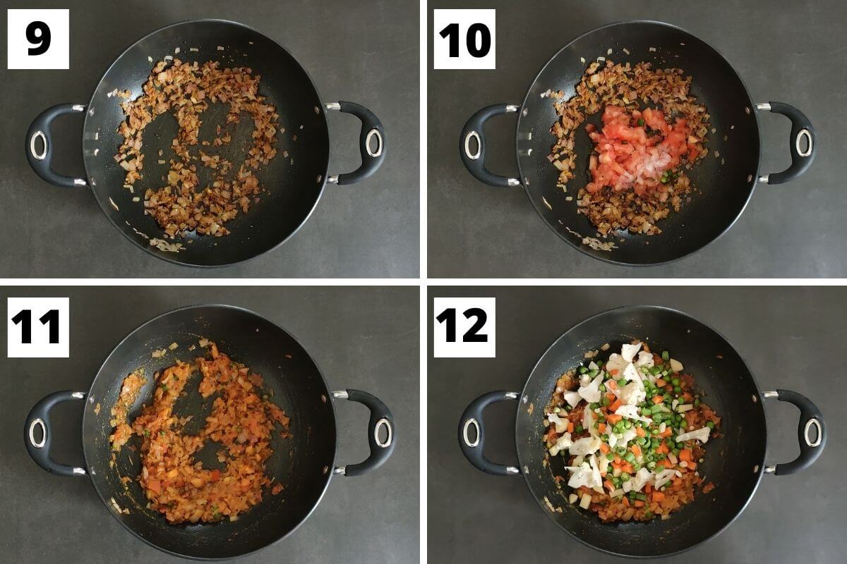 collage of images of steps 9 to 12 of curried quinoa recipe.