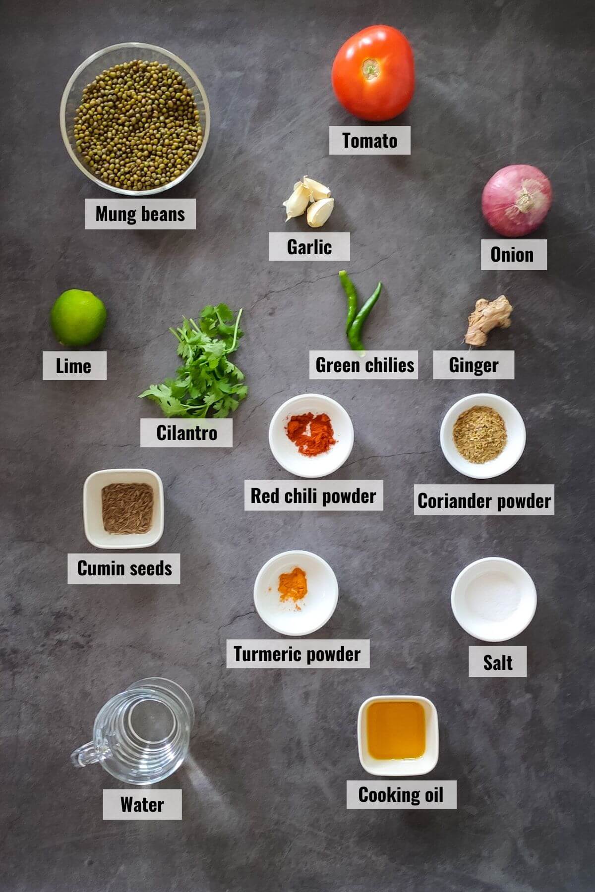 Ingredients for sabut moong dal labelled