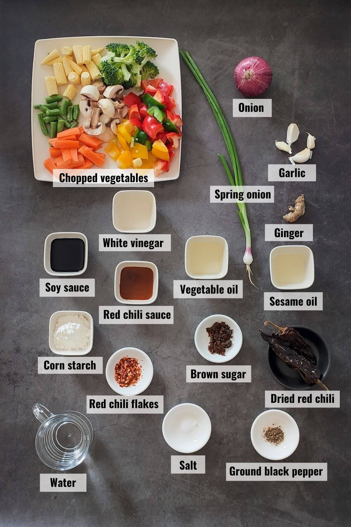 Ingredients required to make vegetables in garlic sauce.