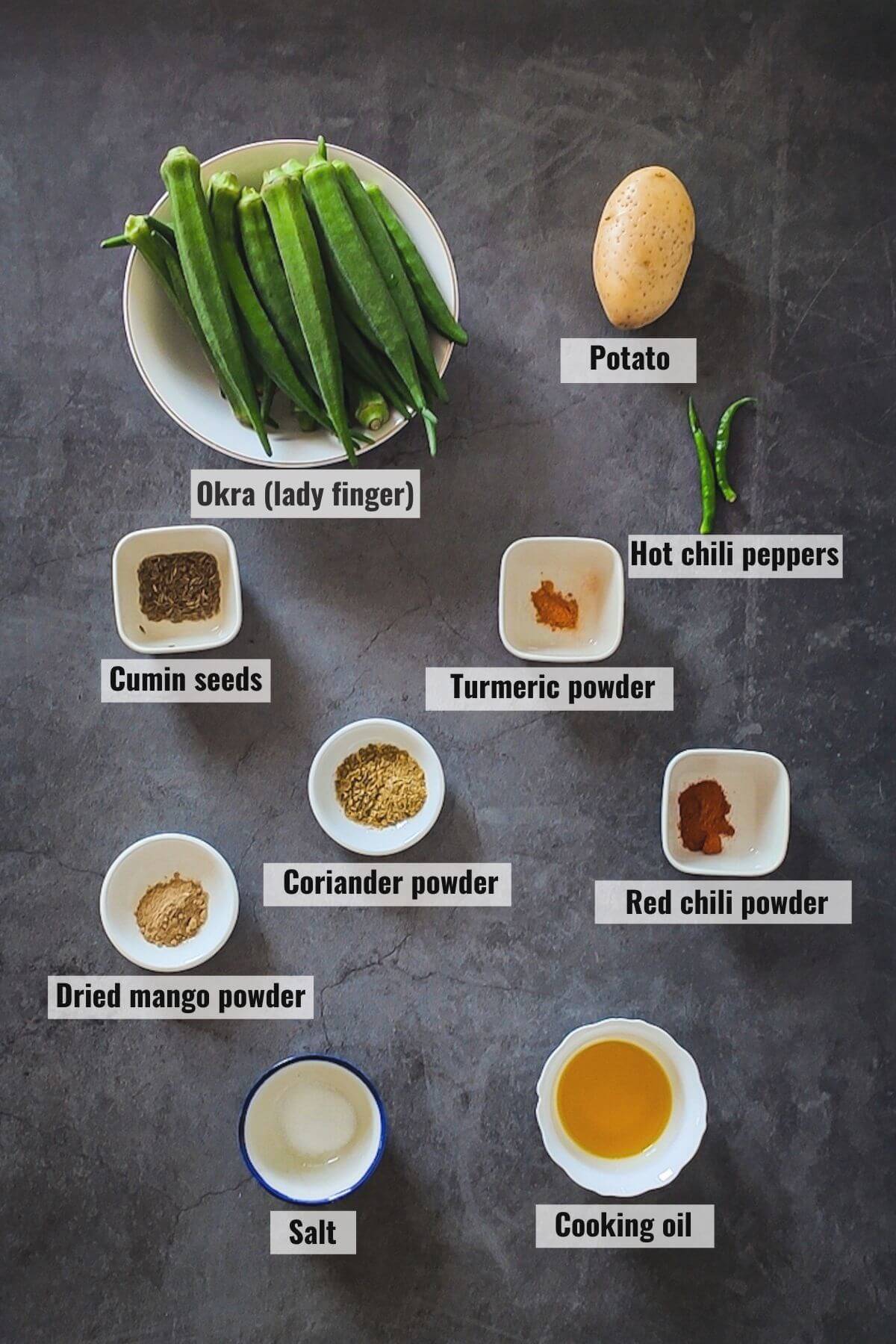 Ingredients for aloo bhindi masala labelled