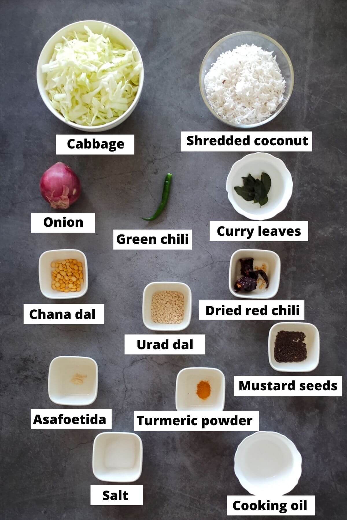 Ingredients required for cabbage thoran recipe, labelled.