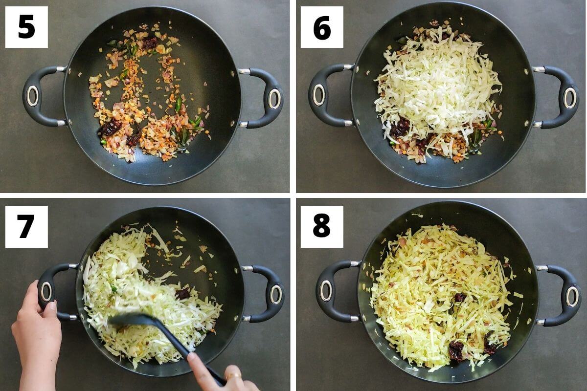 Collage of images of steps 5 to 8 of cabbage poriyal recipe.